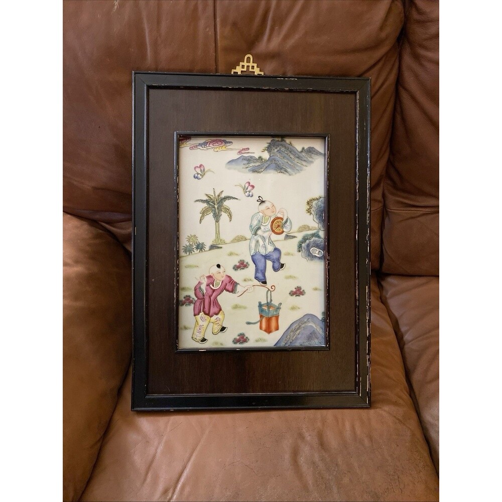 Chinese Antique Famille Rose Framed Porcelain Plaque CHILDREN PLAYING 15 X 21”